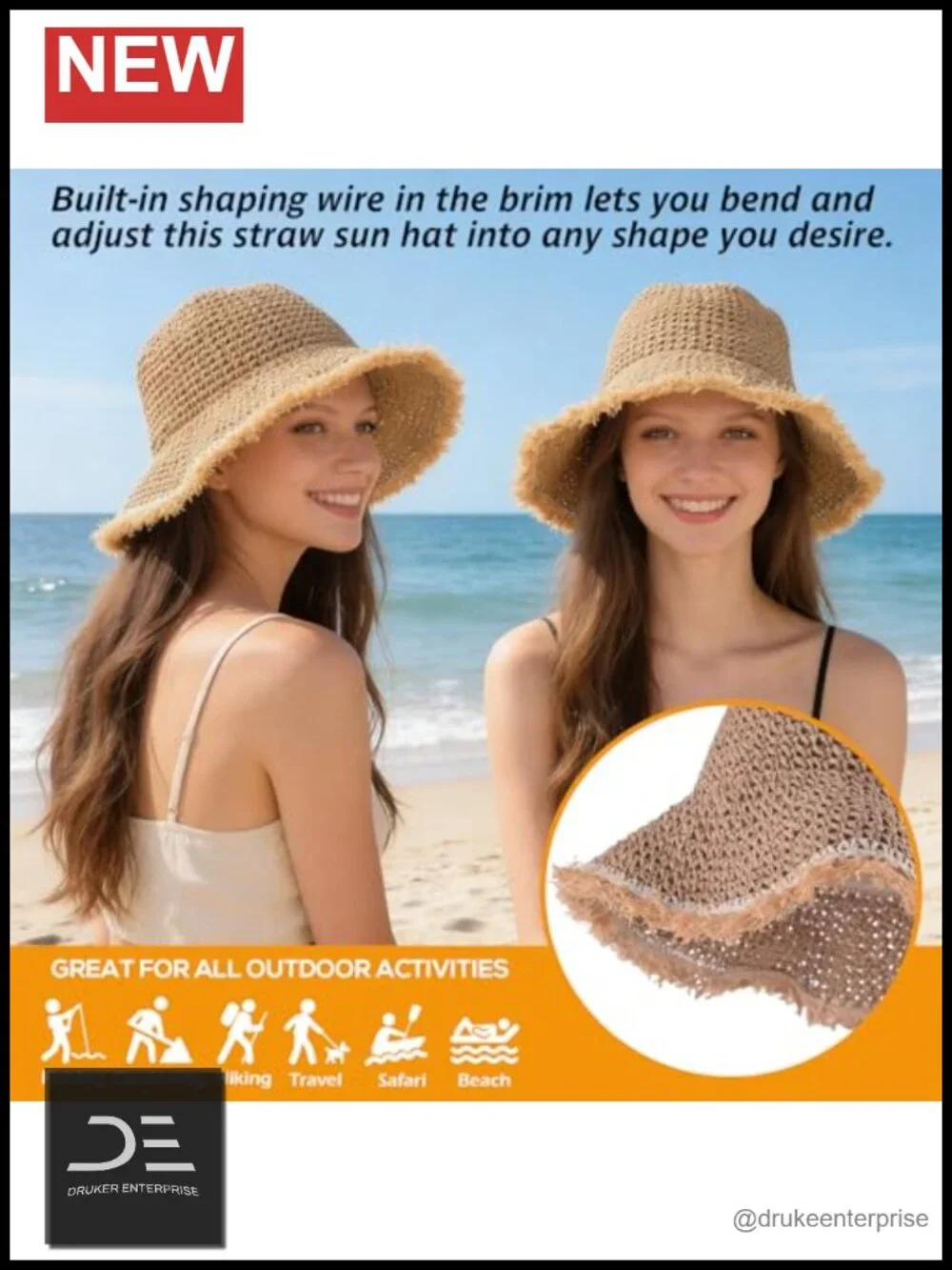 Straw Bucket Sun Hat, Packable Floppy Wide Brim Beach Hat with Adjustable